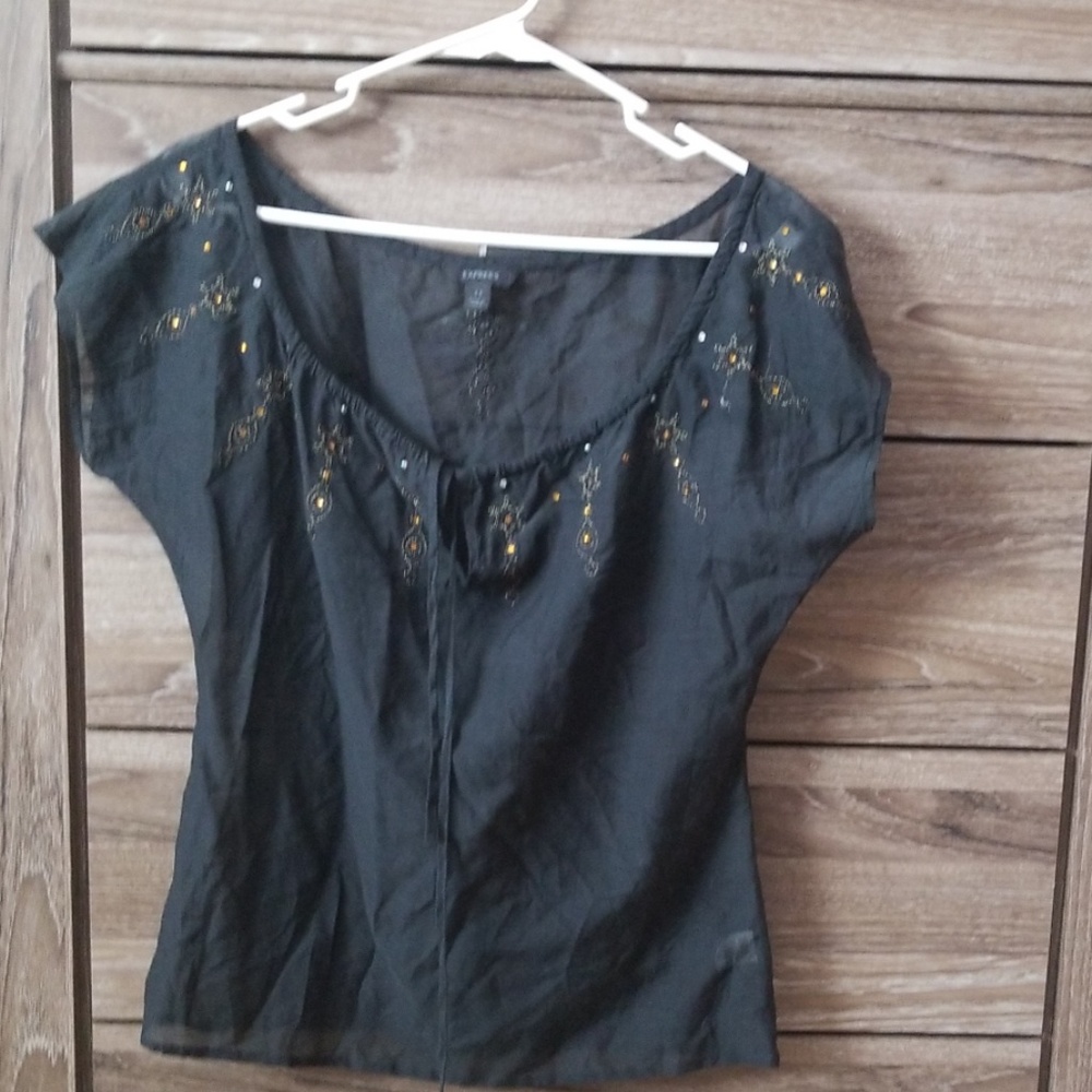 Black Silk Peasant Top with Rhinestones